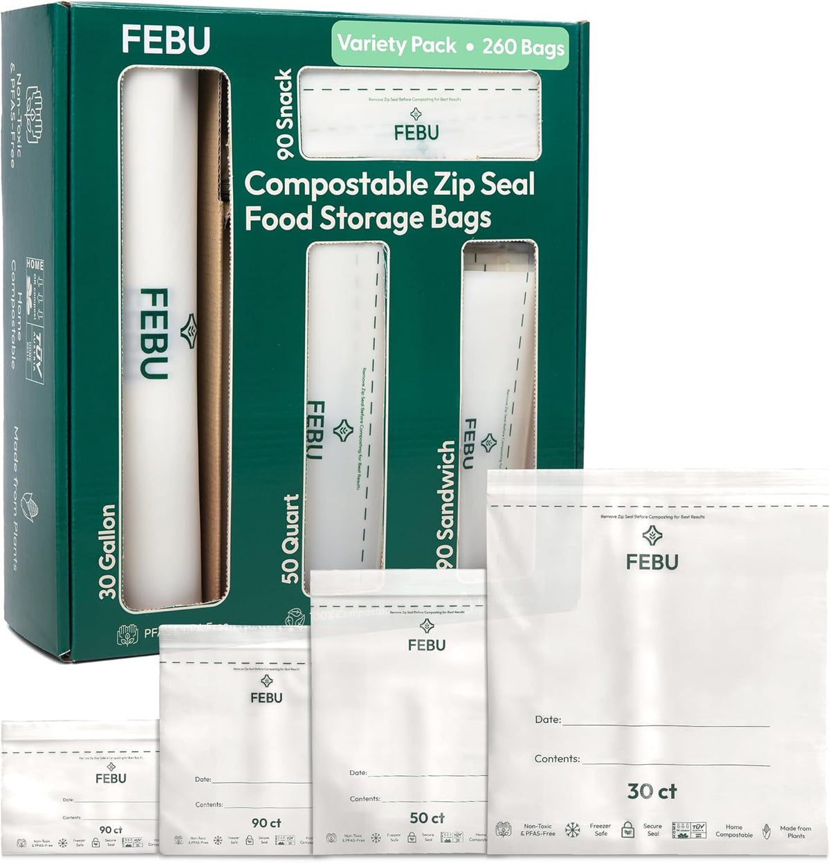 FEBU Compostable Food Storage Bags Variety Pack, 260 Count | Compostable & Biodegradable | PFAS & BPA Free | Drawer Organizer Box | 90 Snack, 90 Sandwich, 50 Quart, 30 Gallon