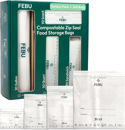 FEBU Compostable Food Storage Bags Variety Pack, 260 Count | Compostable & Biodegradable | PFAS & BPA Free | Drawer Organizer Box | 90 Snack, 90 Sandwich, 50 Quart, 30 Gallon