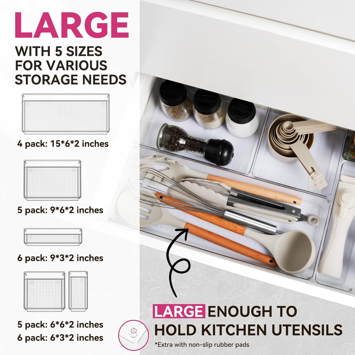 Criusia Large Drawer Organizer Bins | Complete 5 Size Clear Plastic Kitchen Drawer Organizers for Utensils | Bathroom Drawer Organizer Trays | Versatile for Makeup Office Organization