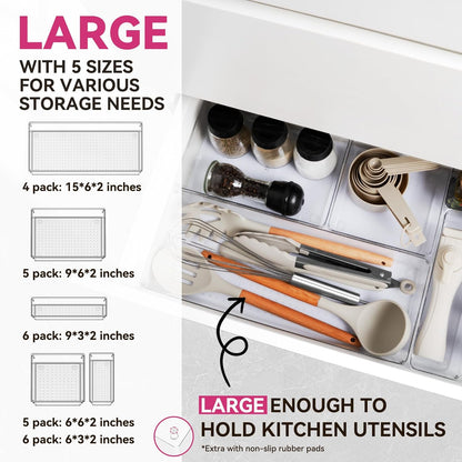 Criusia Large Drawer Organizer Bins | Complete 5 Size Clear Plastic Kitchen Drawer Organizers for Utensils | Bathroom Drawer Organizer Trays | Versatile for Makeup Office Organization