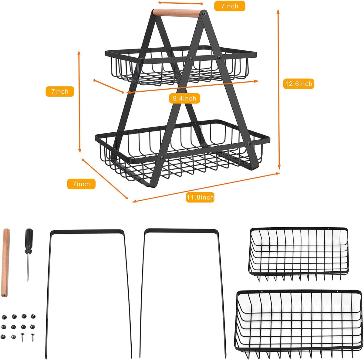 mahueeol 2 Tier Countertop Fruit Basket,Portable Fruit Bowle for Kitchen Organizer Storage & Dining Room Fruits Vegetable Bread Snacks, Detachable Metal Rectangle Basket Storage