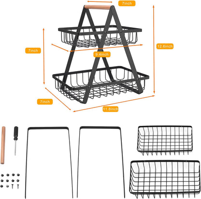 mahueeol 2 Tier Countertop Fruit Basket,Portable Fruit Bowle for Kitchen Organizer Storage & Dining Room Fruits Vegetable Bread Snacks, Detachable Metal Rectangle Basket Storage