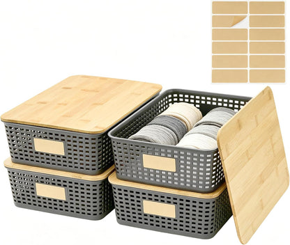 Bagnizer Small Plastic Storage Bins with Bamboo Lids 5.2qt Stackable Box Basket Pantry Decorative Containers Cute with Labels for Organizing Desktop Closet Office Cream White of 10*7.2*4.1"