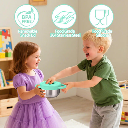 BUSOHA 2 Pack Stainless Steel Toddler Snack Cups - 9 OZ Spill-Proof Baby Snack Containers with Silicone Catcher and Lid Travel Snack Containers for Kids Food Grade Silicone Dishwasher Safe