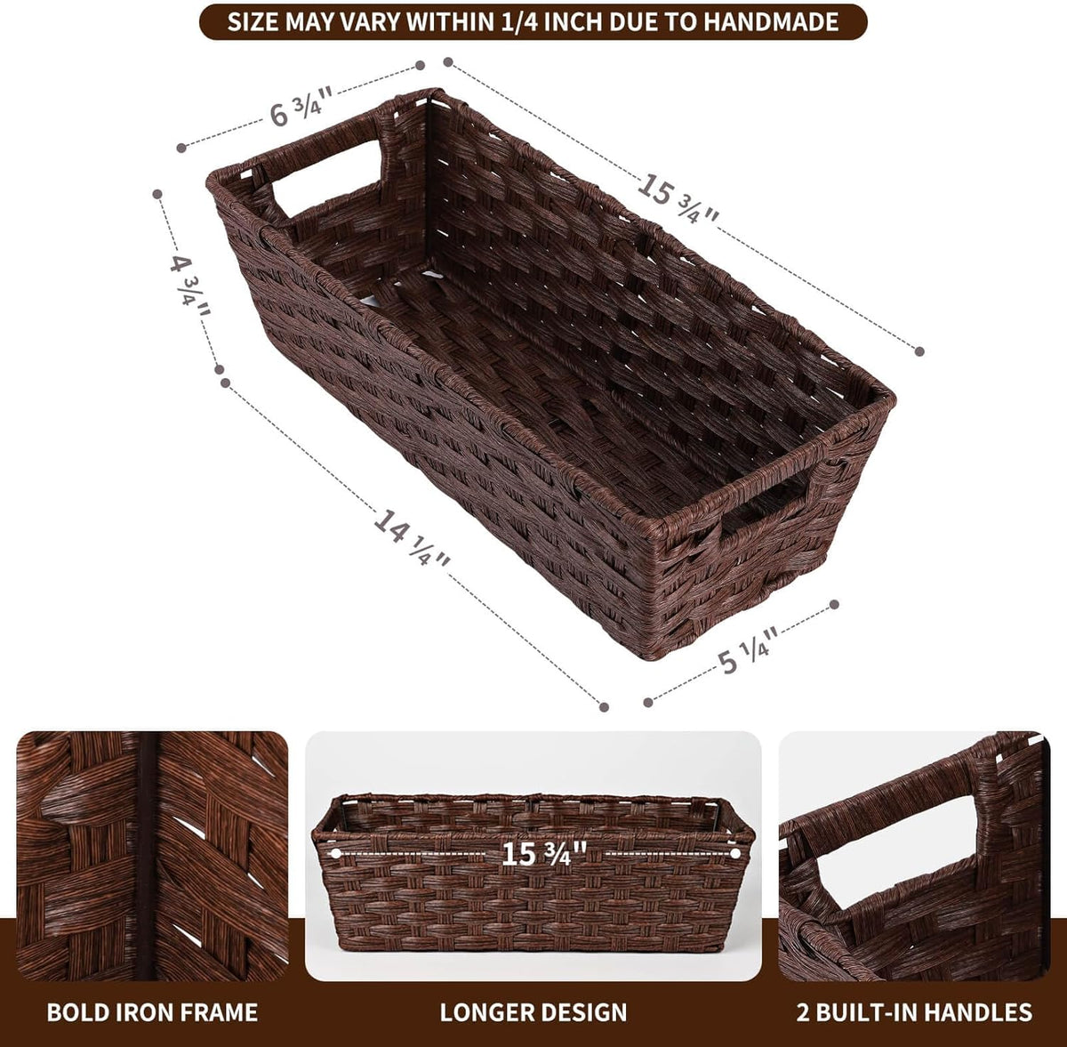 Onlytak Large Wicker Storage Basket, Metal Frame, Set of 2, Washable Waterproof, 15" x 10.3" x 5.2", Brown Color, Woven Basket for Pantry, Toilet, Bathroom, Bedroom, Patio