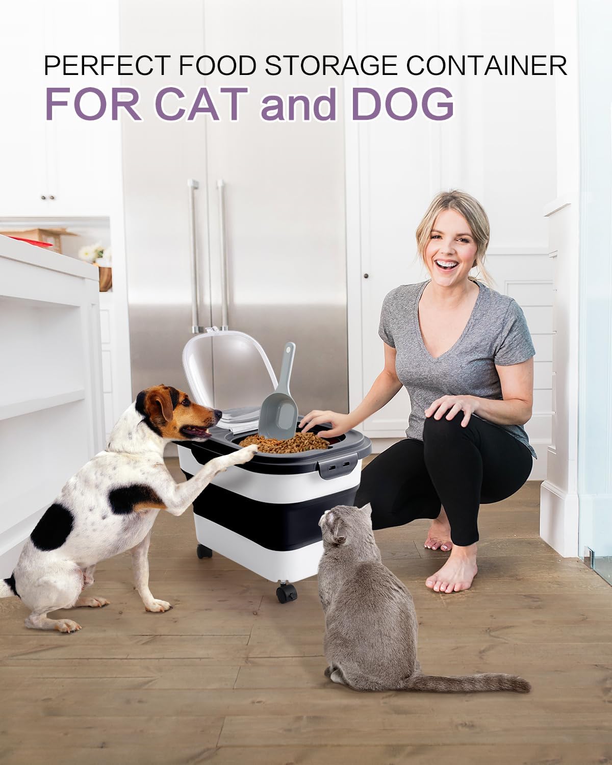 ANVS Airtight Collapsible Pet Food Container With Casters, Scoop and Small Container - Keeps Up To 20lbs Dry Dog Food Fresh (Grey)