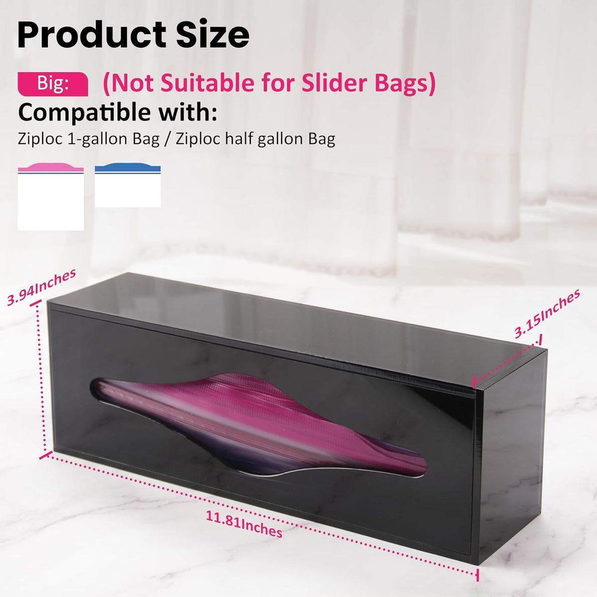 LUVCOSY Acrylic Food Bag Storage Organizer Magnetic Fridge Attachment Compatible with Ziploc Sandwich/Snack/Grip'n Seal Quart, Dispenser for Ziploc Bags, Kitchen Organization and Storage, 1 Pack