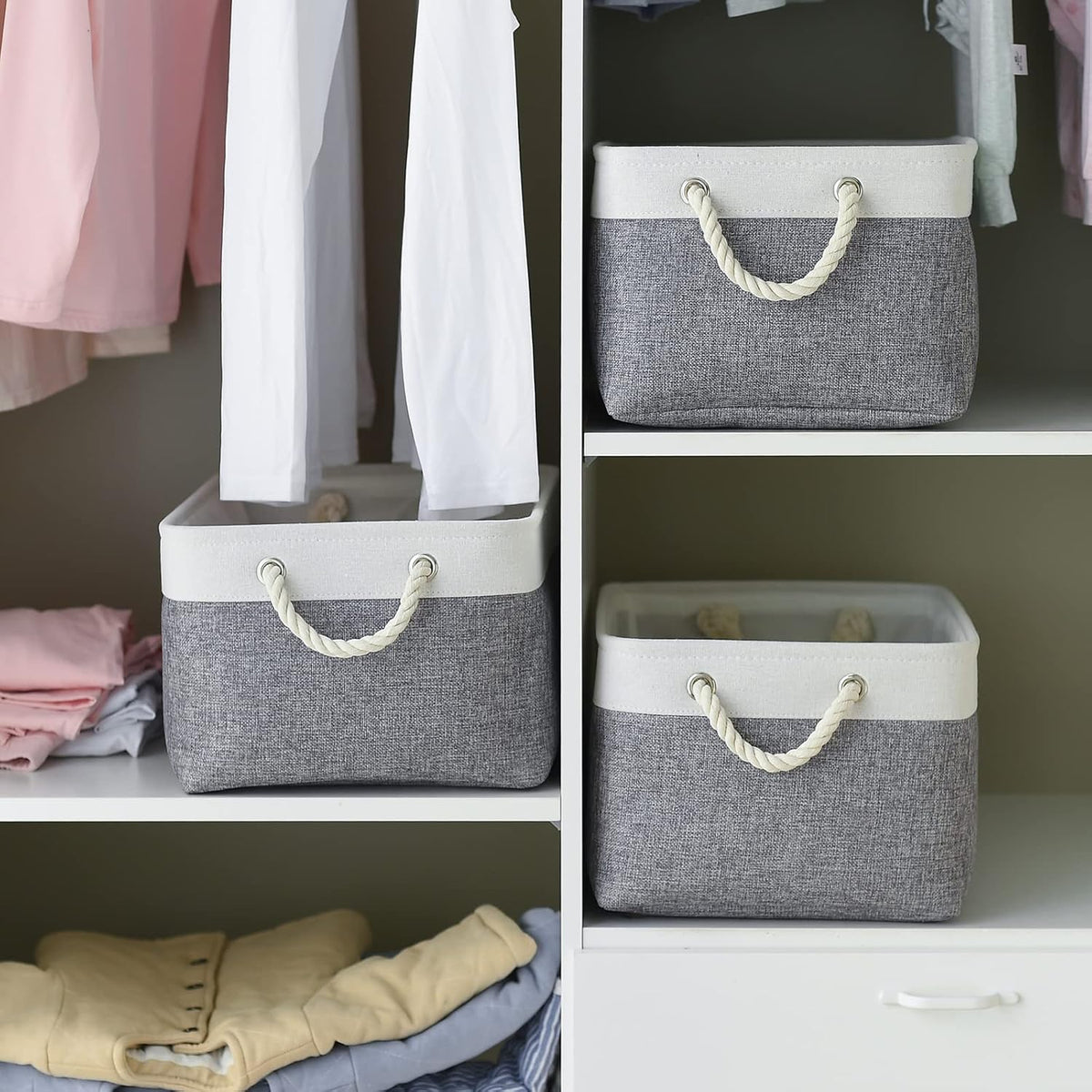 Fabric Storage Bins 12x8x5 inch [6-Pack] with Rope Handles - Decorative Baskets for Organizing