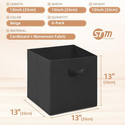 STORAGE MANIAC Storage Cubes, 11 Inch Durable 6 Pack Fabric Foldable Collapsible Bins with Handles for Organization, Closet, Shelves, Offices, Toys, Black