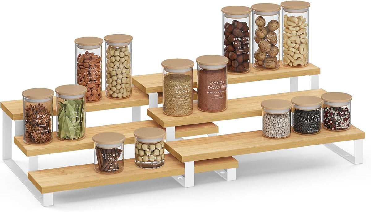 SONGMICS Display Risers, Set of 2 Engineered Wood Perfume Organizer Stand, 4-Tier Cupcake Stand Holder, Spice Rack, Shelf Risers for Figures, Dessert Shelves, Natural Beige and Cloud White UKCS216N02