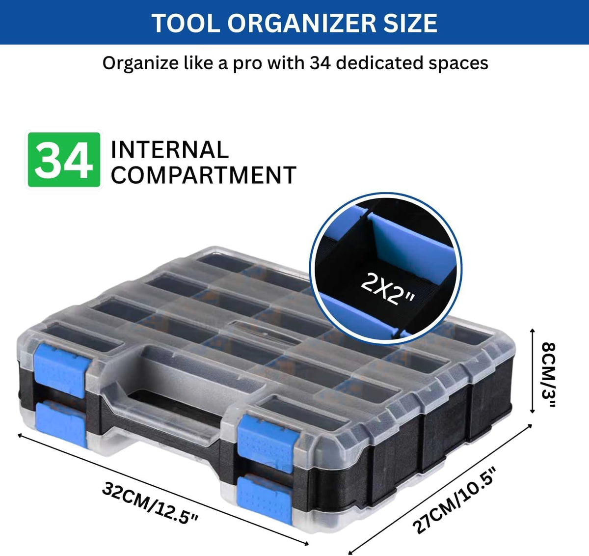 Andalus Tools Organizer Box, Small Parts Storage 34-Compartment Double-Sided Portable Hardware Organizer Removable Plastic Dividers for Screws, Nuts, Bolts, Nails – Orange (12.5" x 10.5" x 3")
