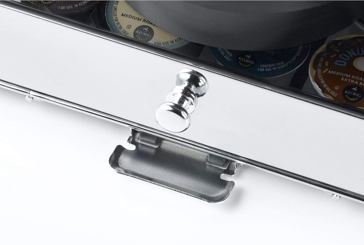 Nifty Rolling Coffee Pod Drawer - Glass Top & Chrome Finish, Compatible with K-Cups, 36 Pod Pack Holder, Compact Under Coffee Pot Storage Drawer, Slim Home Kitchen Counter Organizer