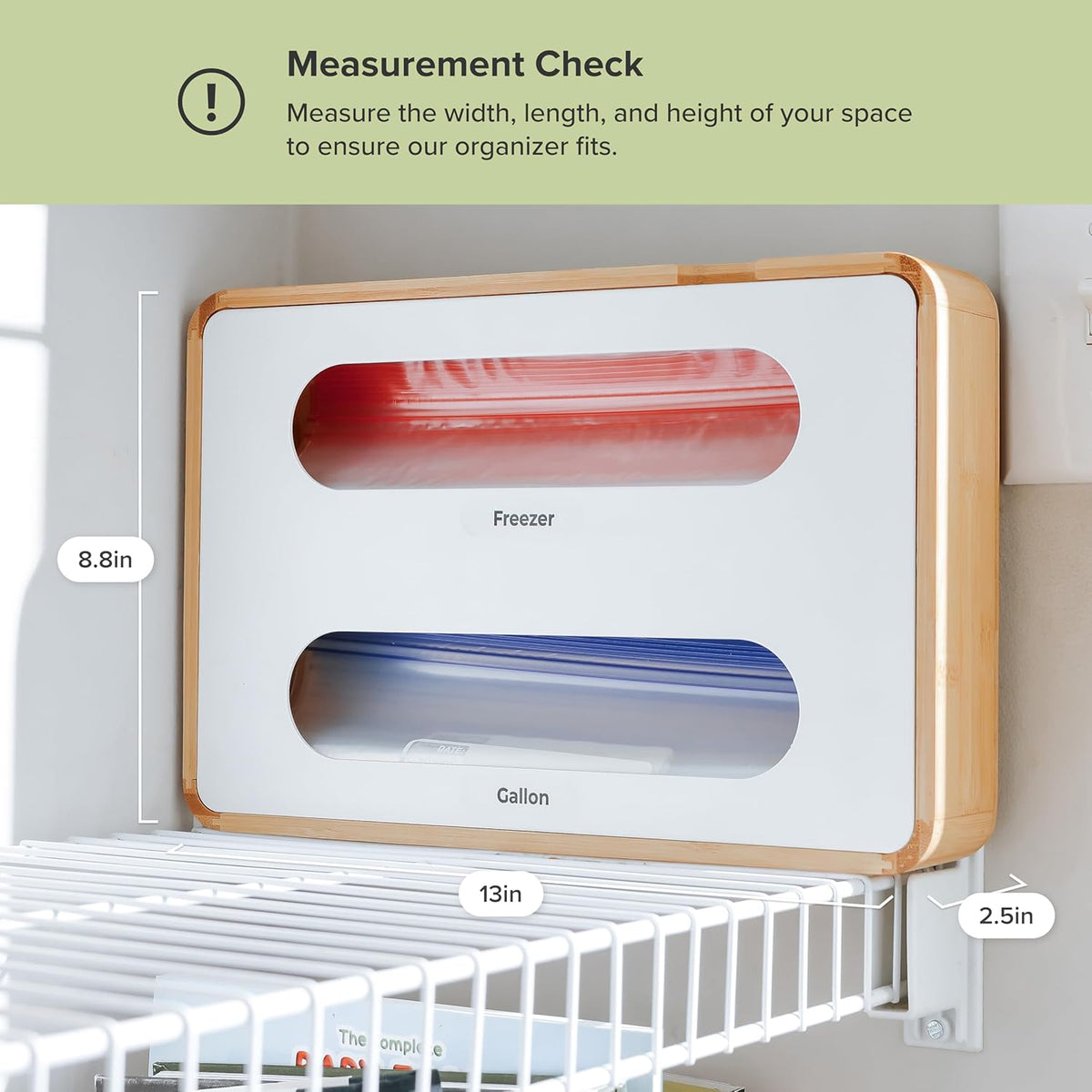 Premium Bag Organizer – 2-Slot Bamboo Organizer with White Metal, Fits Gallon & Freezer Bags, Magnetic Top for Easy Reload, Non-Slip Base, Wall Mountable, 8.7in x 13in x 2.5in