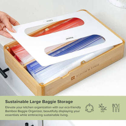 Premium Bag Organizer – 2-Slot Bamboo Organizer with White Metal, Fits Gallon & Freezer Bags, Magnetic Top for Easy Reload, Non-Slip Base, Wall Mountable, 8.7in x 13in x 2.5in