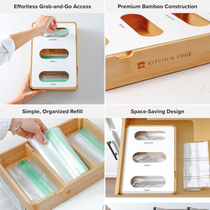 Premium Bag Organizer – 2-Slot Bamboo Organizer with White Metal, Fits Gallon & Freezer Bags, Magnetic Top for Easy Reload, Non-Slip Base, Wall Mountable, 8.7in x 13in x 2.5in