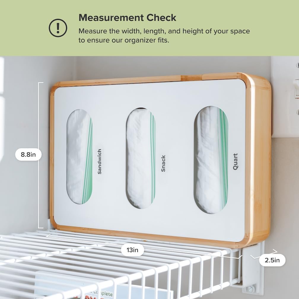 Premium Bag Organizer – 2-Slot Bamboo Organizer with White Metal, Fits Gallon & Freezer Bags, Magnetic Top for Easy Reload, Non-Slip Base, Wall Mountable, 8.7in x 13in x 2.5in