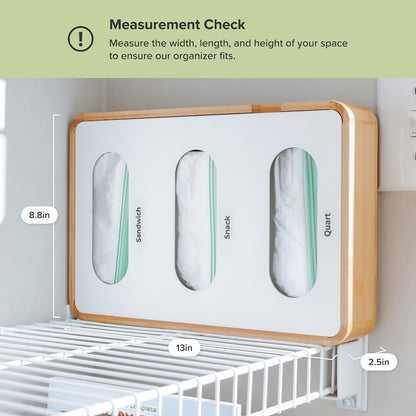 Premium Bag Organizer – 2-Slot Bamboo Organizer with White Metal, Fits Gallon & Freezer Bags, Magnetic Top for Easy Reload, Non-Slip Base, Wall Mountable, 8.7in x 13in x 2.5in