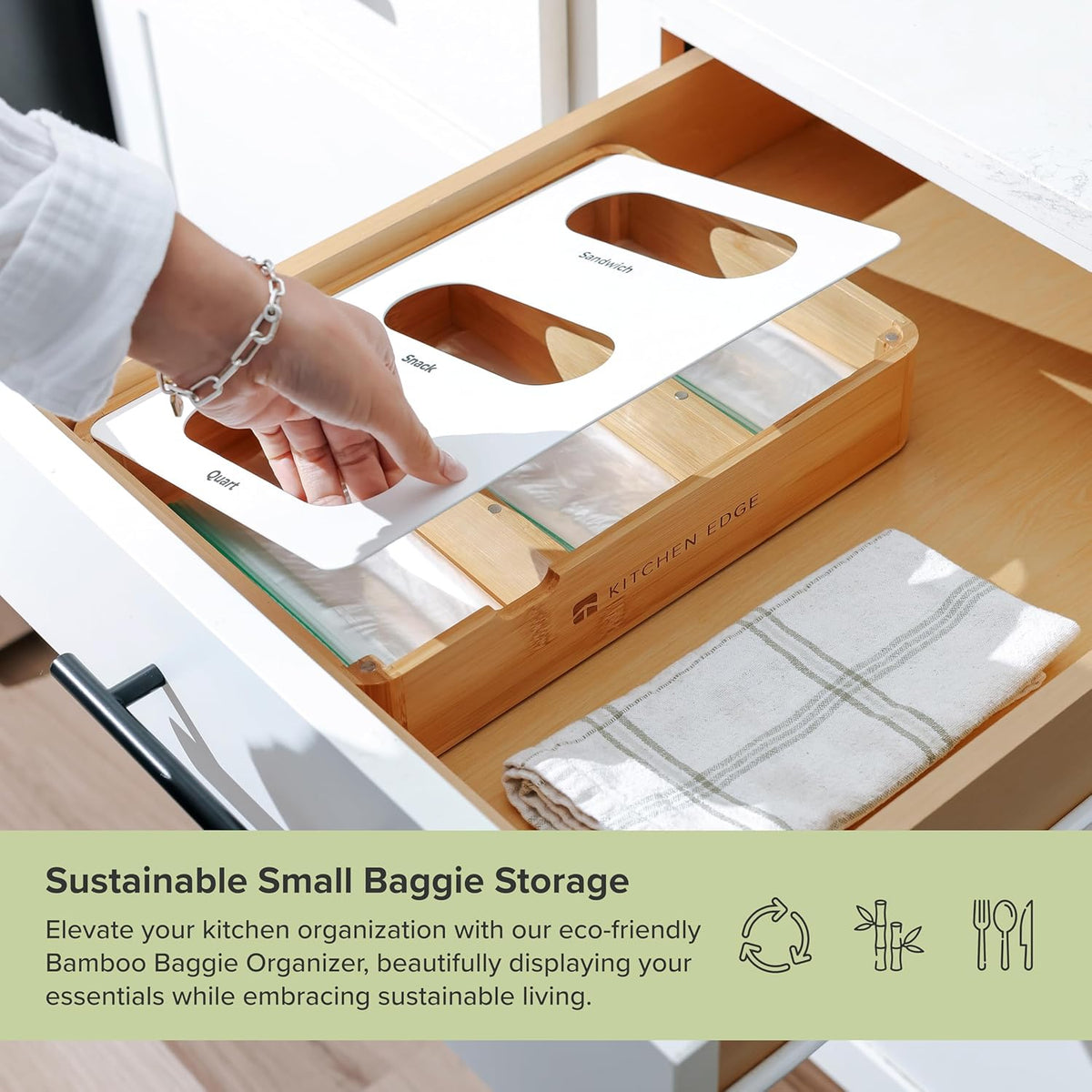 Premium Bag Organizer – 2-Slot Bamboo Organizer with White Metal, Fits Gallon & Freezer Bags, Magnetic Top for Easy Reload, Non-Slip Base, Wall Mountable, 8.7in x 13in x 2.5in