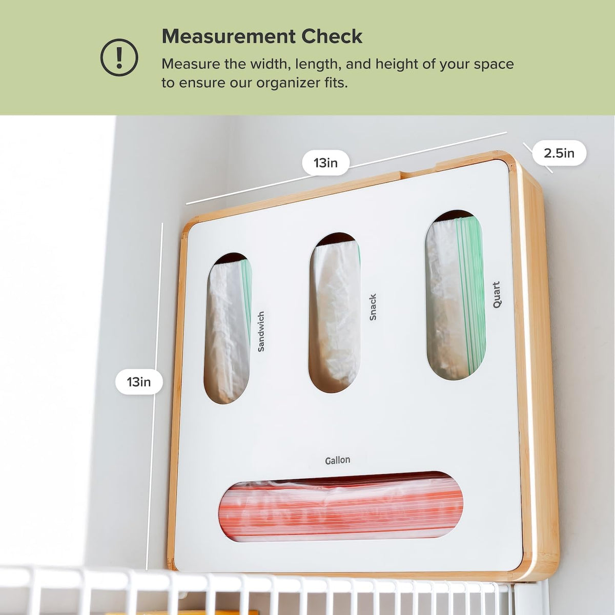 Premium Bag Organizer – 2-Slot Bamboo Organizer with White Metal, Fits Gallon & Freezer Bags, Magnetic Top for Easy Reload, Non-Slip Base, Wall Mountable, 8.7in x 13in x 2.5in