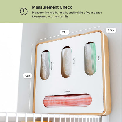 Premium Bag Organizer – 2-Slot Bamboo Organizer with White Metal, Fits Gallon & Freezer Bags, Magnetic Top for Easy Reload, Non-Slip Base, Wall Mountable, 8.7in x 13in x 2.5in