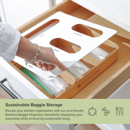 Premium Bag Organizer – 2-Slot Bamboo Organizer with White Metal, Fits Gallon & Freezer Bags, Magnetic Top for Easy Reload, Non-Slip Base, Wall Mountable, 8.7in x 13in x 2.5in