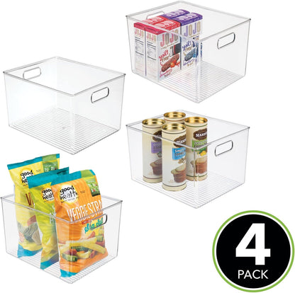 mDesign Plastic Deep Kitchen and Pantry Organizer Storage Bin with Handles for Cabinet, Fridge, Freezer - Food Storage Containers for Snacks, Yogurt Pouches or Fruit, Ligne Collection, 4 Pack, Clear