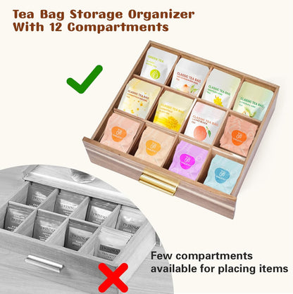 NANXITU Acacia Wood Tea Holder Organizer,Tea Box Organizer Storage Box,Tea Caddy for Tea Bags Organizer Drawer,with12 Compartments Multi-Functional Tea Station Chest for Countertop