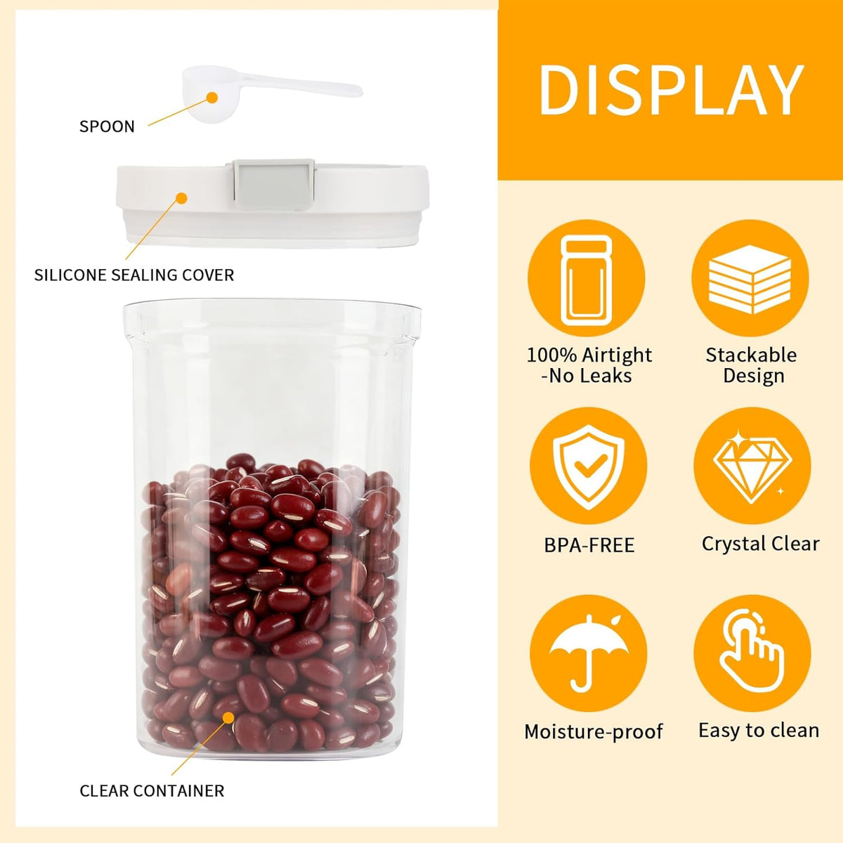 Airtight Food Storage Container, 44oz Moisture-Proof Canister with Measuring Spoon for Coffee, Protein Powder, Sugar, Flour, Cereal, Kitchen & Pantry Organization (1300ML)