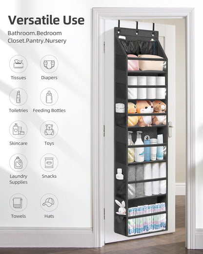 STORAGE MANIAC Over the Door Organizer Large Capacity Hanging Organizer, Clear Deep Pockets Behind Door Closet Organizer and Storage for Nursery, Bathroom, Bedroom, Pantry, 1 Pack Grey