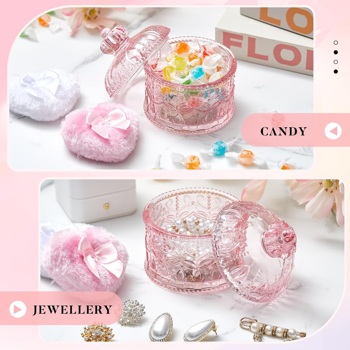 Tioncy 3 Pcs Large Body Powder Puff and Container Valentine's Day gift Powder Container with Puff Crystal Case Soft Washable Reusable Velour Face Body Glitter Wet Dry Makeup (Classic,Clear)