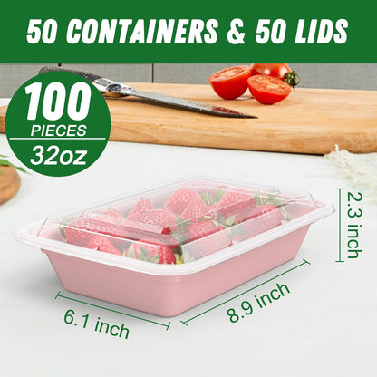 50 Pack (100-Piece) 32 oz Meal Prep Containers Reusable with Easy Open Lids, Sturdy Leakproof Food Safe, Microwave Freezer Dishwasher Safe, To Go Take Out Plastic Food Storage Pans with Lids, Black