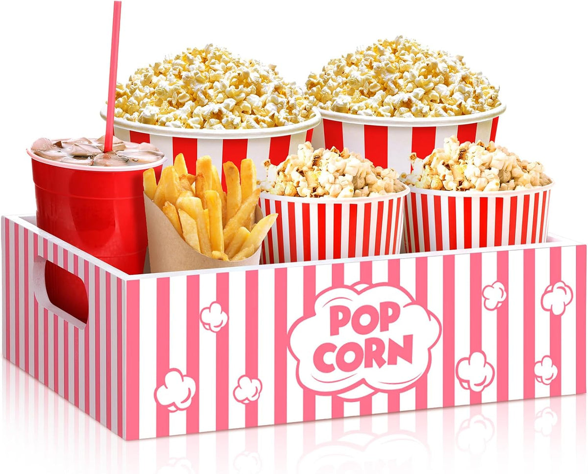 Movie Night Supplies Snack Trays with Handles Reusable Wooden Movie Gift Basket for Theater Popcorn Bucket Bowl Box Container Family Room Decor(Classic Style)