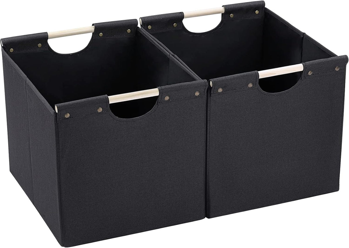 HOONEX Large Collapsible Storage Bins, Linen Fabric, Pack of 2, Storage Baskets with Wooden Carry Handles and Sturdy Heavy Cardboard, for Home, Office, Car, Nursery, Black