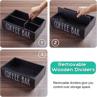 ALELION Coffee Station Organizer - Wood Countertop Accessories Organizer with Removable Dividers for Pods Condiment Syrup Tea Cups Stirrers - for Farmhouse Coffee Bar Decor