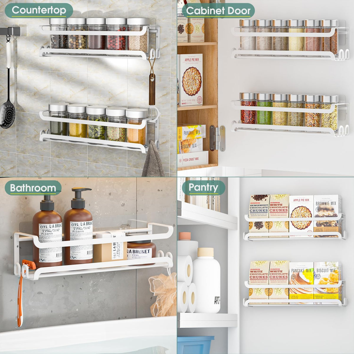 LUCYCAZ Wall Mounted Spice Rack with 8 Hooks, Spice Organizer Shelf for Stove Cabinet Pantry Door,Screw or Adhesive Spice Shelf Hanging Wall Spice Rack in Kitchen and RV (Black)
