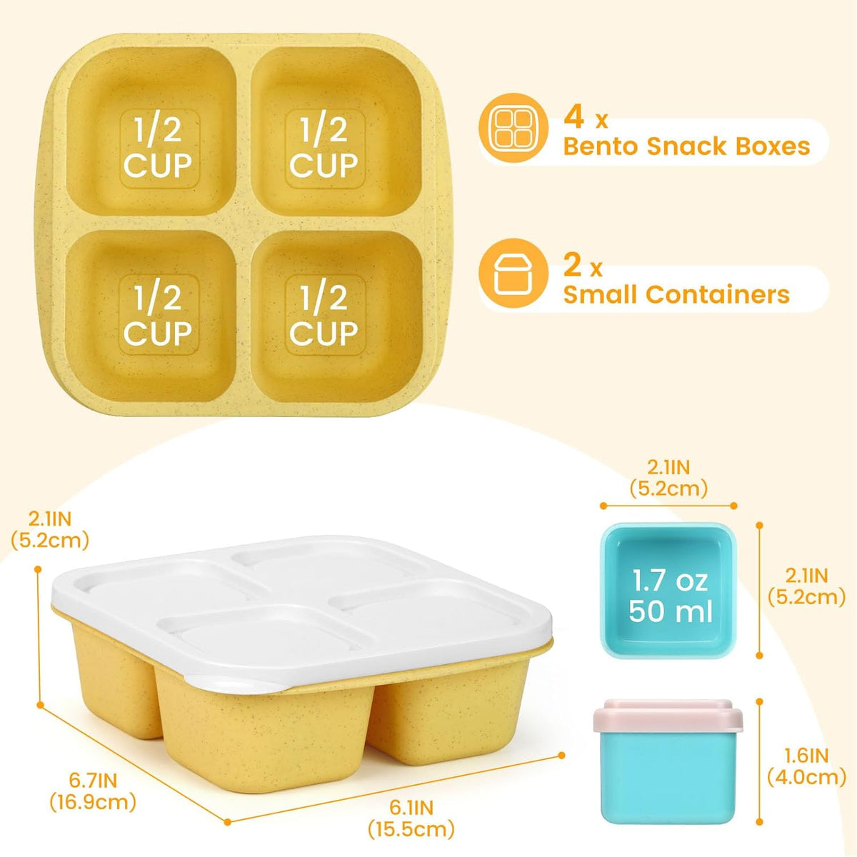 Caperci Lunchable Snack Containers - 4 Pack Bento Snack Boxes with 4-Compartment, 2 Leakproof Dip Cups, Reusable Divided Food Containers for School, Work, Travel (Jewel Brights)