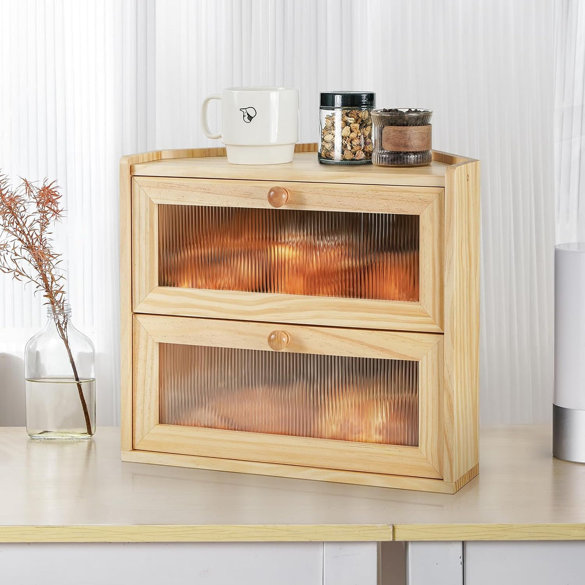 Sunhoo Bread Box for Kitchen Countertop Corner Large Wooden Bread Bin 2 Tier Rustic Food Storage Container with Acrylic Window Farmhouse Keeper Shelf Organizer for Loaves Pastries & Snacks (Brown)