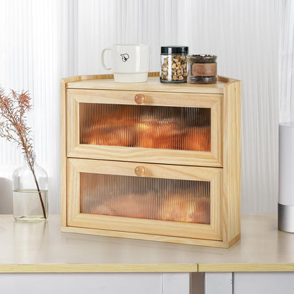Sunhoo Bread Box for Kitchen Countertop Corner Large Wooden Bread Bin 2 Tier Rustic Food Storage Container with Acrylic Window Farmhouse Keeper Shelf Organizer for Loaves Pastries & Snacks (Brown)