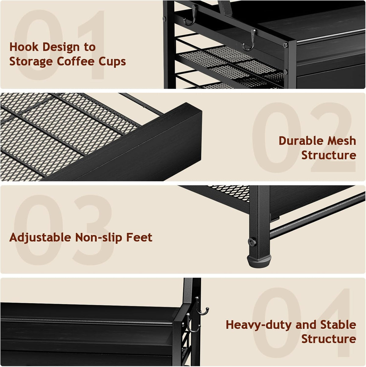 Homsorout Coffee Syrup Rack Organizer - 4-Tier 8 Syrup Wine Bottles Stand with 82 Storage Drawer for K Cups, Coffee Pod Holder for Countertop, Bar Station, Kitchen, Rustic Brown