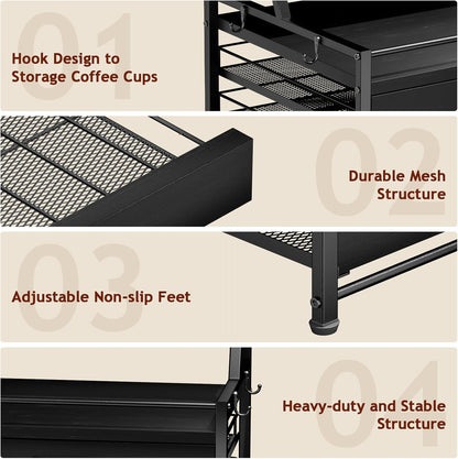 Homsorout Coffee Syrup Rack Organizer - 4-Tier 8 Syrup Wine Bottles Stand with 82 Storage Drawer for K Cups, Coffee Pod Holder for Countertop, Bar Station, Kitchen, Rustic Brown