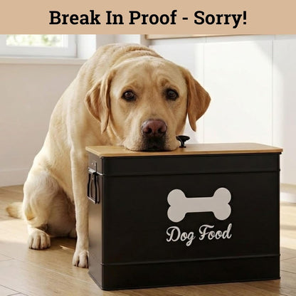 Dog Food Container Airtight 15-20 lb (70 Cup) Capacity with Metal Scoop - Cute Airtight Dog Food Storage Container with Bamboo Lid - Black Metal Kibble Storage Bin for Dogs up to 100 lbs - Big Pet Jar