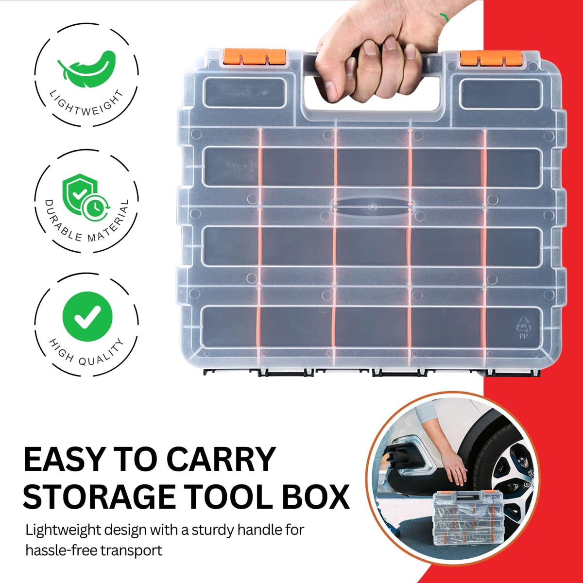 Andalus Tools Organizer Box, Small Parts Storage 34-Compartment Double-Sided Portable Hardware Organizer Removable Plastic Dividers for Screws, Nuts, Bolts, Nails – Orange (12.5" x 10.5" x 3")