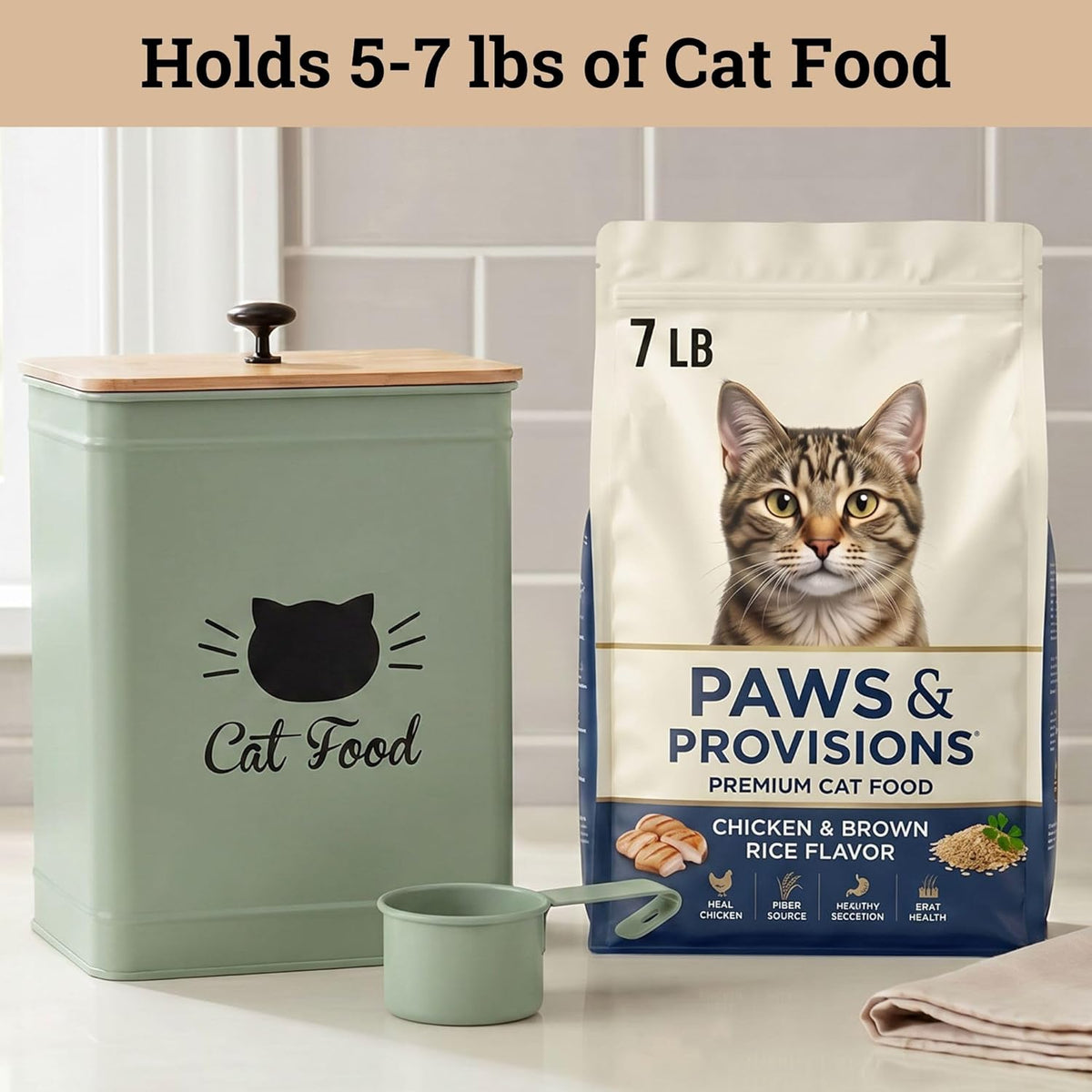 Cat Food Storage Container with Scoop - 5-7 lb (25 Cup) Capacity Metal Cat Food Container with Airtight Bamboo Lid and Metal Scoop - Airtight Pet Food Storage Containers 5 lb - 7 lb Kibble Container
