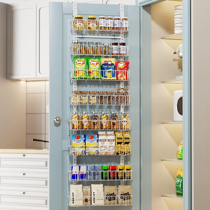 Delamu Adjustable Cabinet Door Organizer, 6-Tier Hanging Spice Rack Organizer, Metal Over the Door Pantry Organizer, Pantry Organizers and Storage Shelves for Kitchen Bathroom Laundry Room, White M