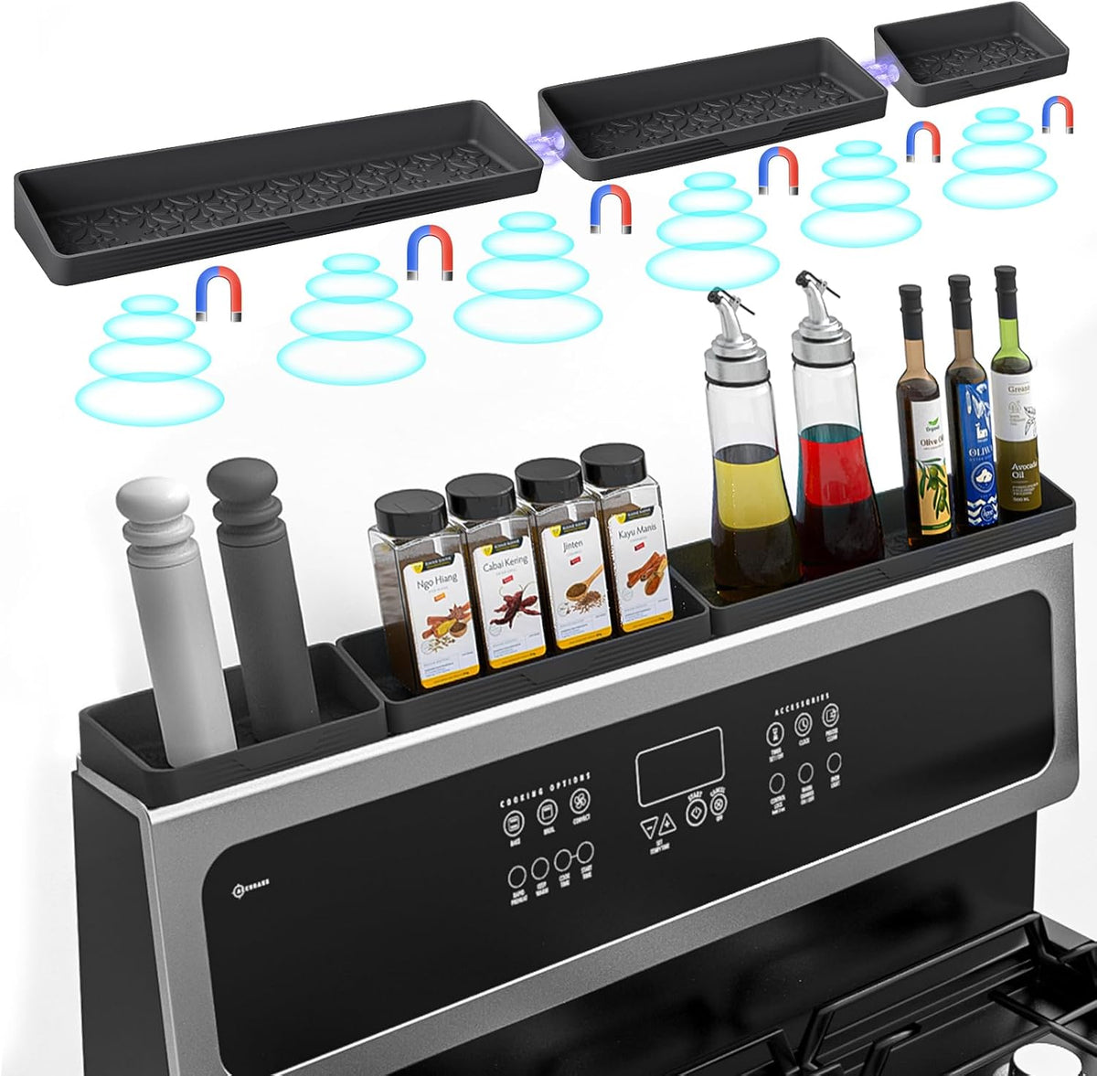 Magnetic Stove Top Shelf, Over the Stove Shelf Spice Rack & Spice Organizer – 30" Heat Resistant Silicone Stove Shelf, No Drill Kitchen Storage Organizer for Gas/Electric Stoves & Small Kitchens