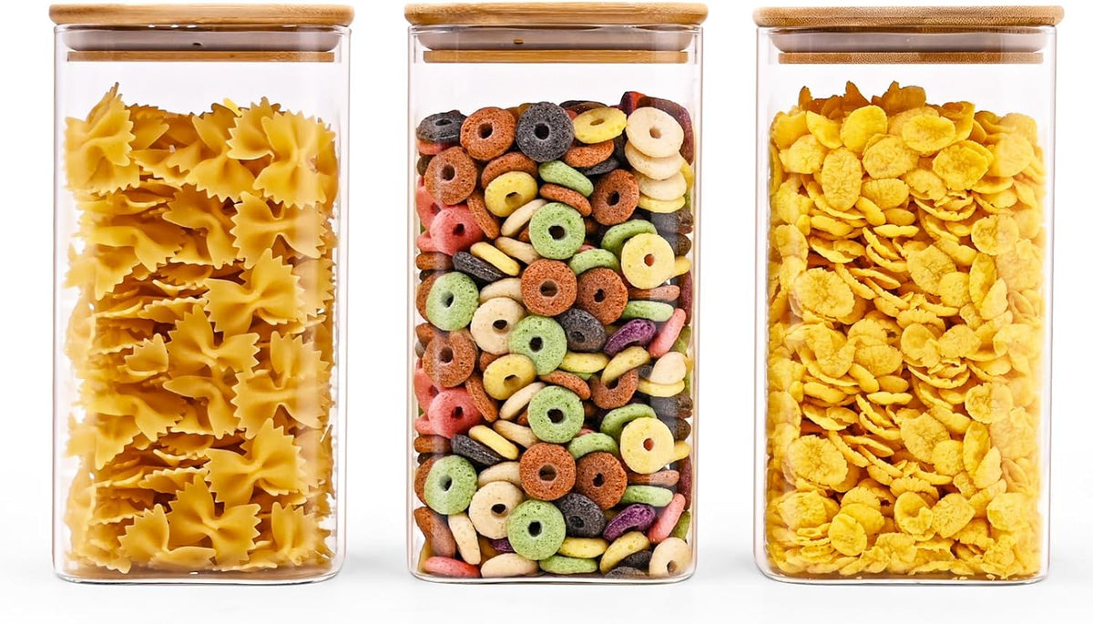 SHOWIN Glass Food Storage Jars Square 37oz, 4 Pack Glass Jars With Bamboo Lids, Kitchen Storage Containers For Spice, Candy, Cookie, Storage For Pantry Organizers
