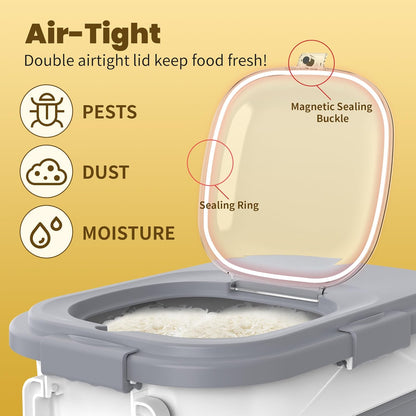 HOYTAMDA 20-30Lbs Rice Container,Collapsible Airtight Food Storage Containers with Wheels,Handle,Rice Storage Container with Small Bin and Scoop,Rice Dispenser for Flour Sugar Cereal Grain Dog Cat