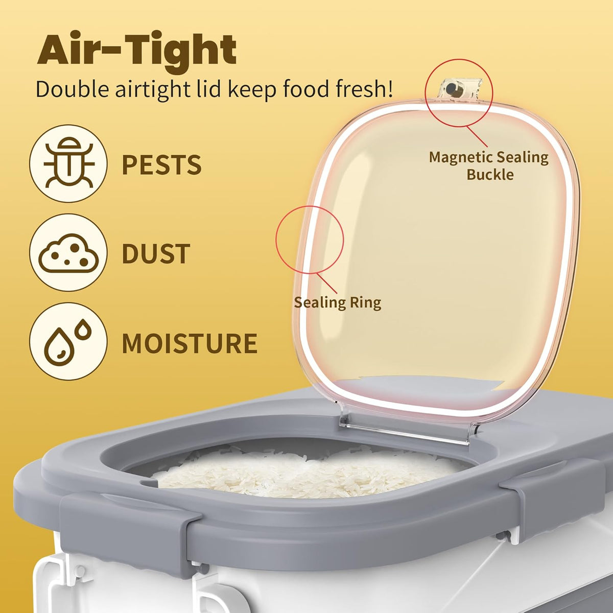 HOYTAMDAR 20-50Lbs Rice Container,Collapsible Food Storage Containers with Airtight Clear Lid,Wheels,Rice Storage Container with Small Bin and Scoop,Rice Dispenser for Flour Sugar Cereal Grain Dog Cat