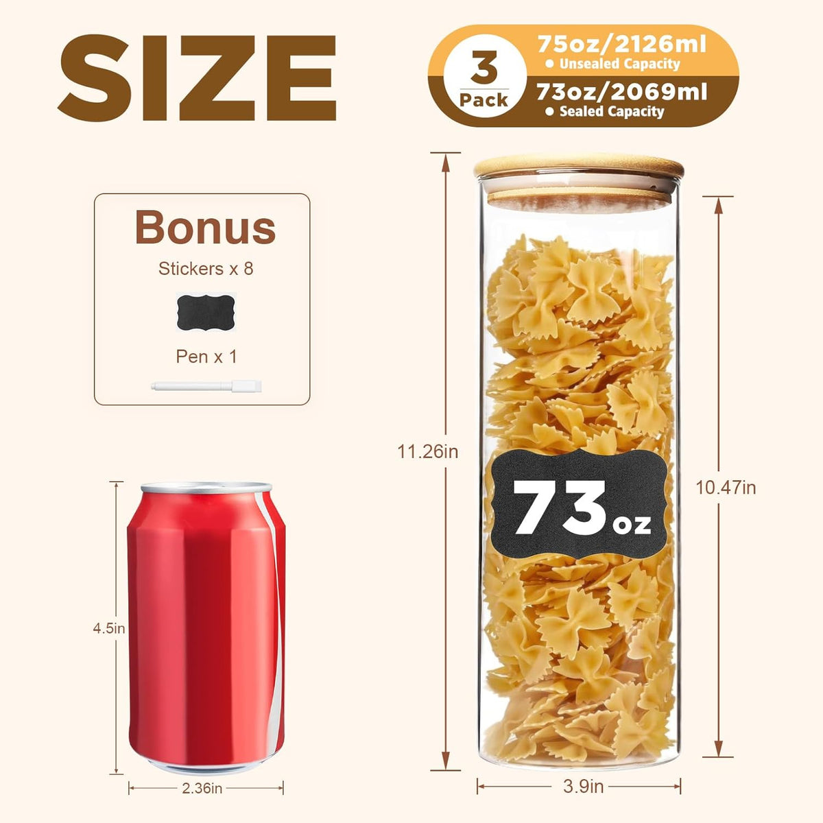 SHOWIN Glass Food Storage Jars Square 37oz, 4 Pack Glass Jars With Bamboo Lids, Kitchen Storage Containers For Spice, Candy, Cookie, Storage For Pantry Organizers