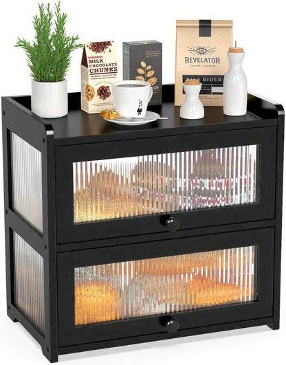 BAMBANG Bamboo Bread Box for Kitchen Countertop, Extra Large Farmhouse Bread Box with 4-Side Clear Panels, Wooden Bread Storage Container for Homemade Bread, Natural